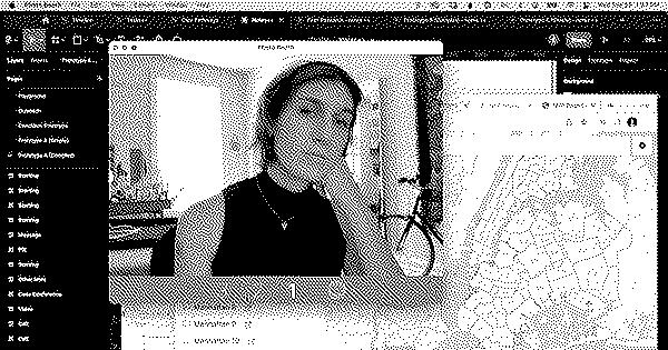 A Mac desktop with various application windows, including Figma and Chrome. At the front is Photo Booth, with the countdown timer at 1, about to take a photo of Eva.